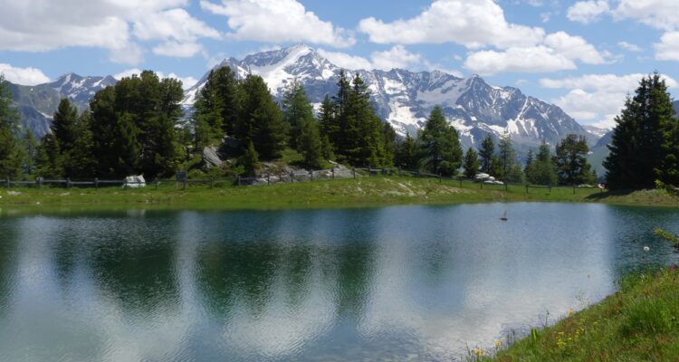 Le Lac des Pierres Blanches à 2108 mètres d'altitude et au fond le Mont Pourri